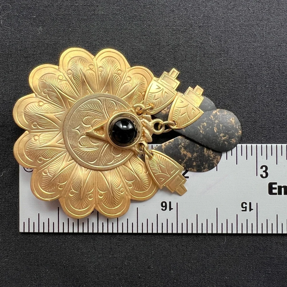 Vintage Brooch Etched Scalloped Gold Tone Black Boho Ethnic